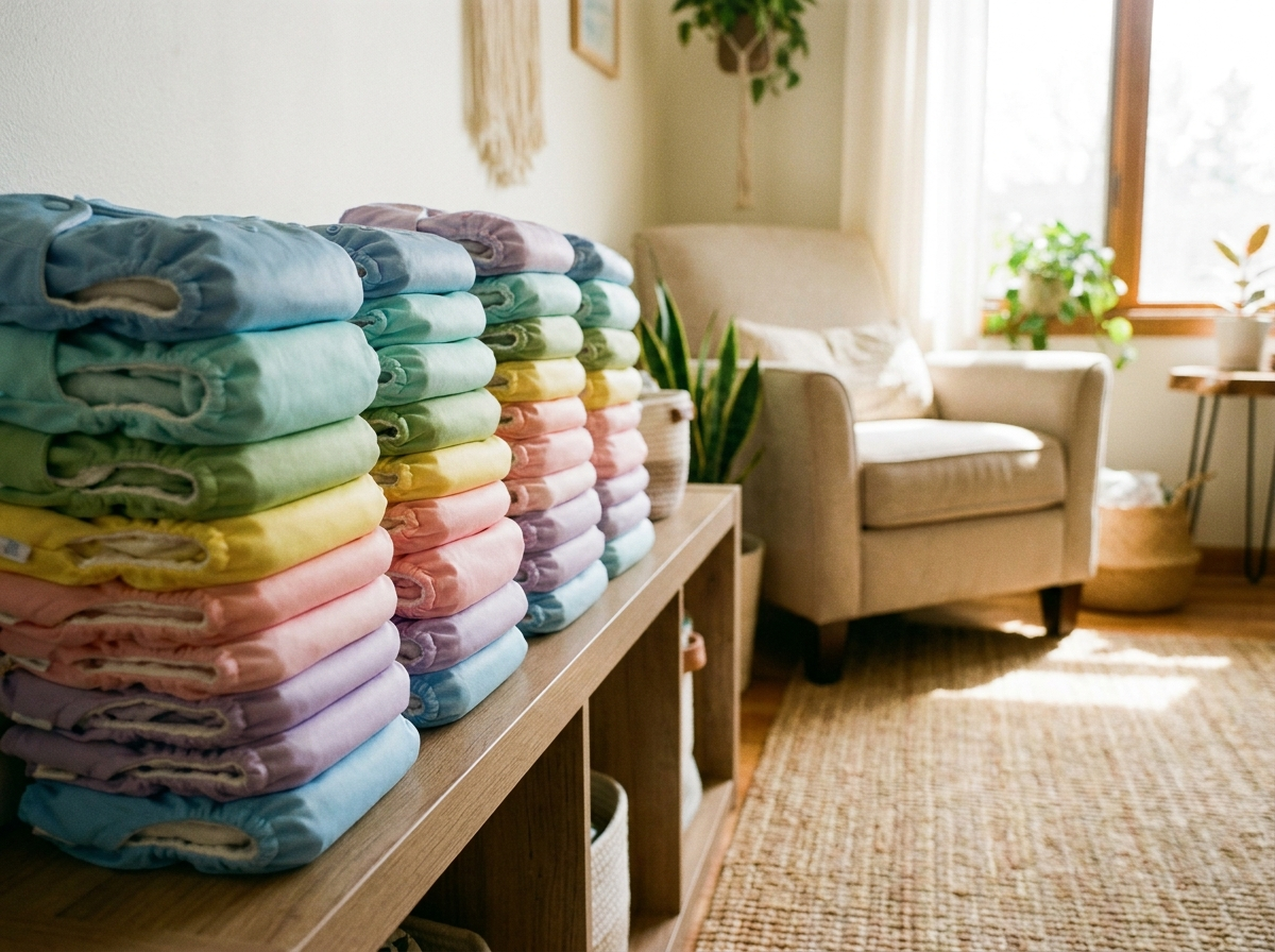 Stacks of colorful folded cloth diapers on a wooden shelf in a bright sunlit room