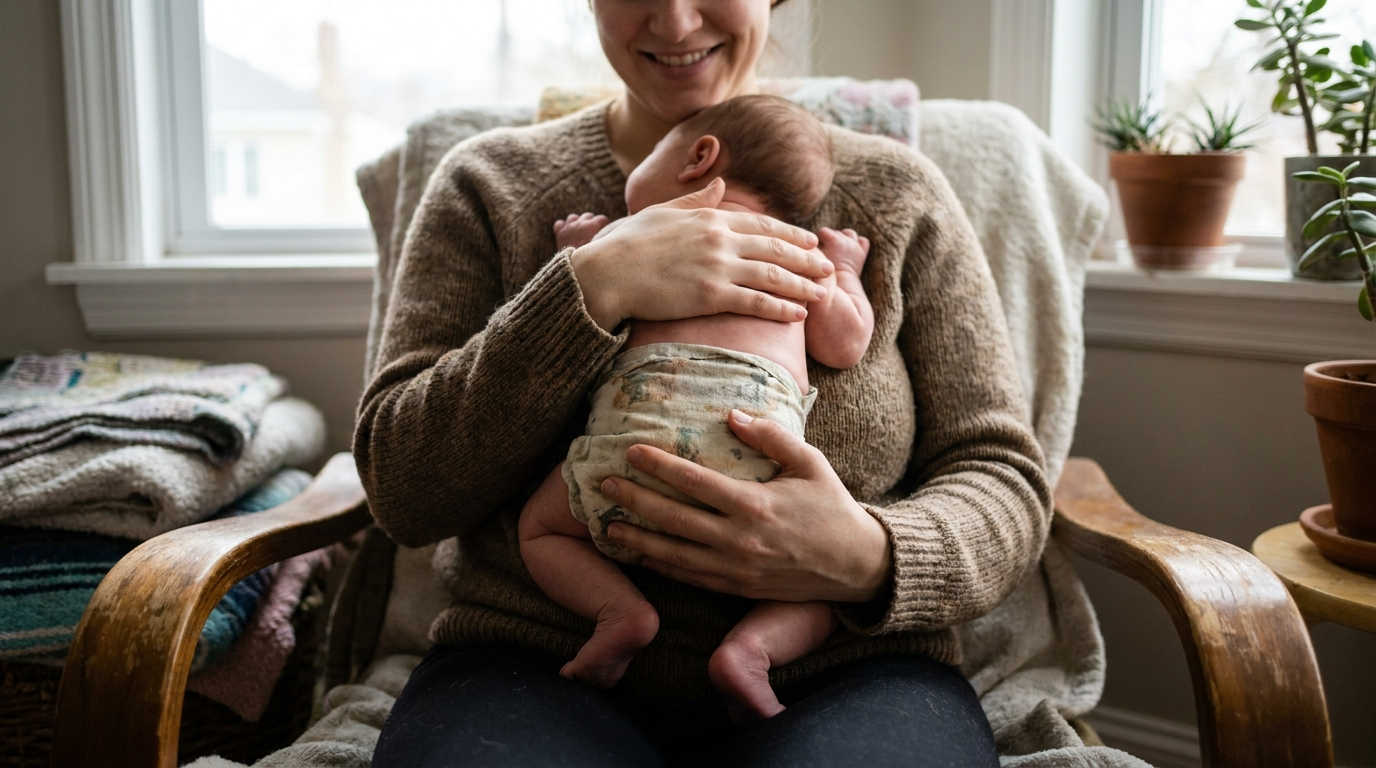 A mother smiling while holding a baby wearing a cloth diaper in a sunlit room